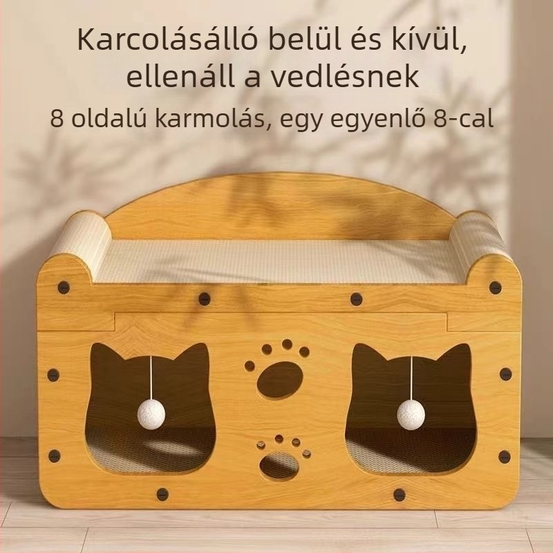 Macska ház integrált kaparódeszkával, kétszintes, hullámkartonból, rajzfilmszerű stílus