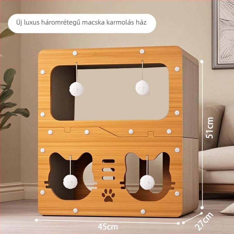 Macska ház integrált kaparódeszkával, kétszintes, hullámkartonból, rajzfilmszerű stílus