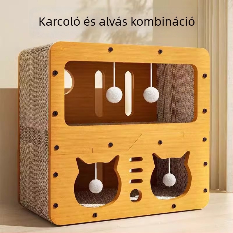 Macska ház integrált kaparódeszkával, kétszintes, hullámkartonból, rajzfilmszerű stílus
