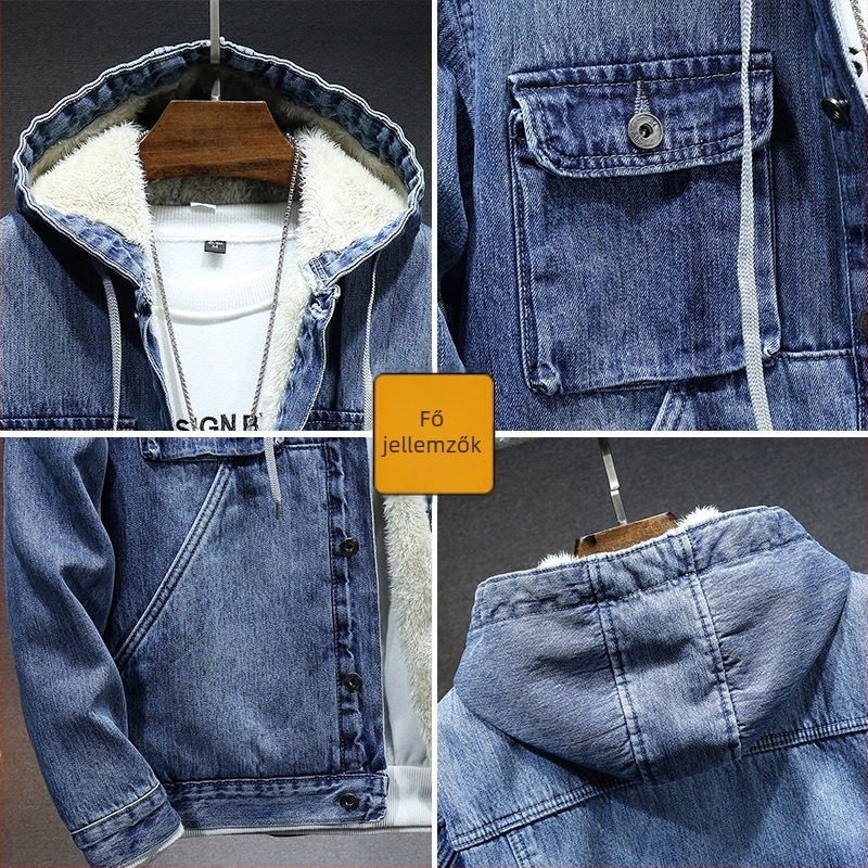 Kapucnis denim dzseki fleece bélésével, szélálló, téli viselet (pamut 80%, poliészter bélés 100%, hosszú ujjú)
