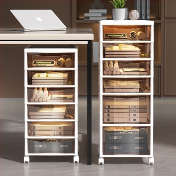 Az íróasztal alatti tároló 9+ réteggel — mozgatható, műanyag, padlón álló telepítés