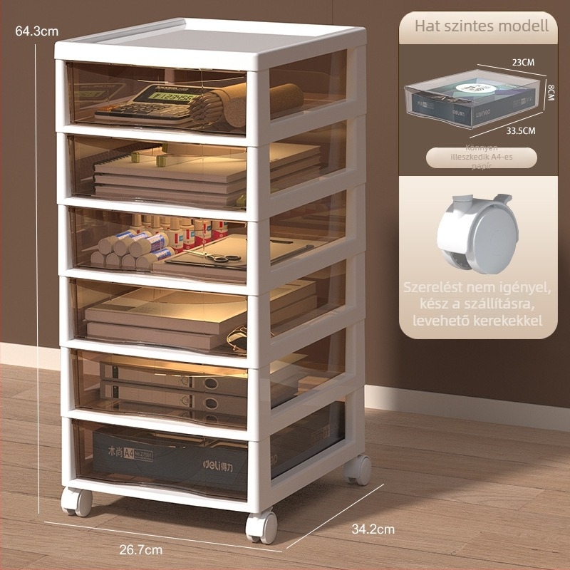 Az íróasztal alatti tároló 9+ réteggel — mozgatható, műanyag, padlón álló telepítés