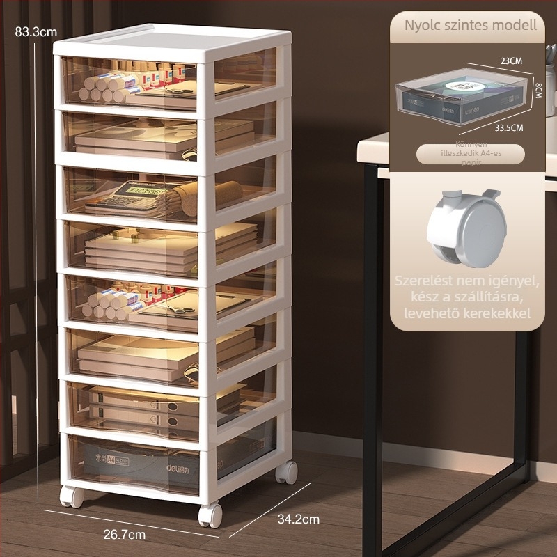 Az íróasztal alatti tároló 9+ réteggel — mozgatható, műanyag, padlón álló telepítés