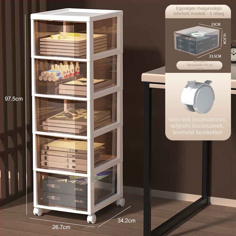 Az íróasztal alatti tároló 9+ réteggel — mozgatható, műanyag, padlón álló telepítés