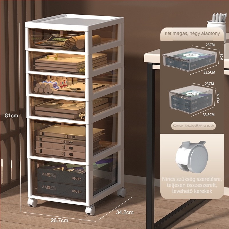 Az íróasztal alatti tároló 9+ réteggel — mozgatható, műanyag, padlón álló telepítés