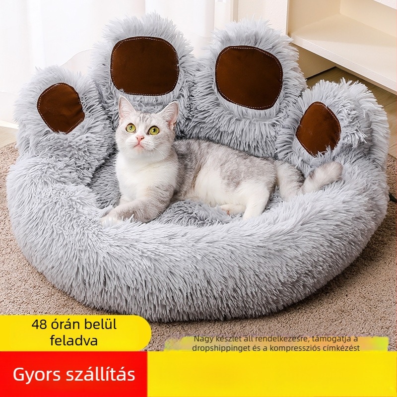 Macska- és kutyafekhely medve karma alakú, kétoldalas plüss, meleg és kényelmes minden évszakban