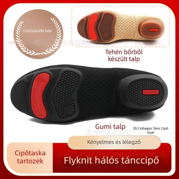 Női tánccipők jazz, néptánc és square dance-hez — lélegző hálós felsőrész, könnyű, kopásálló, stabil illeszkedés, suede talppal.