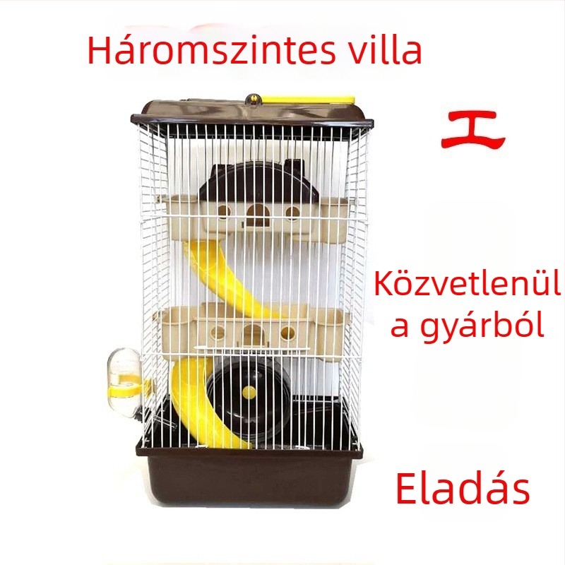 hörcsög ketrec kastéllyal, háromszintes, négyzet alakú, műanyag, levehető és szellőző, beltéri és kültéri használatra