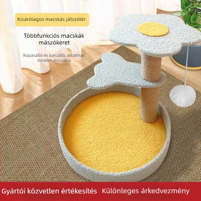 Fa macska mászófa karcolódeszkával, ugró platformával és kényelmes fészekkel — aranyos stílus