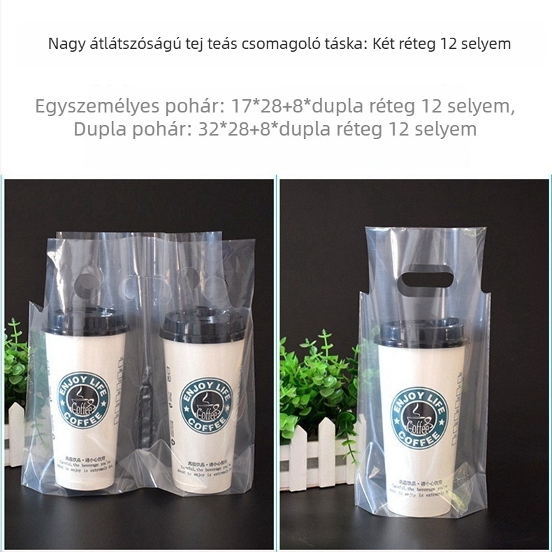 Átlátszó puha filmmel készült italos tasakok elvitelre — vastagság 8 silk, kapacitás 1000 ml, egyszer használatos, fogantyúval, napi gyártás 200000