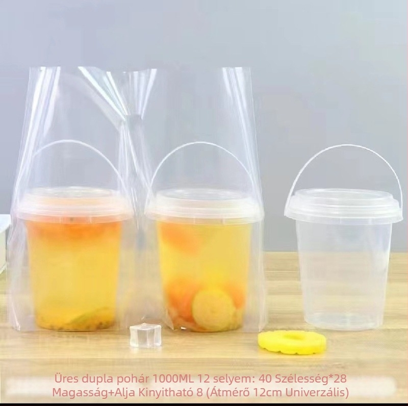 Átlátszó puha filmmel készült italos tasakok elvitelre — vastagság 8 silk, kapacitás 1000 ml, egyszer használatos, fogantyúval, napi gyártás 200000