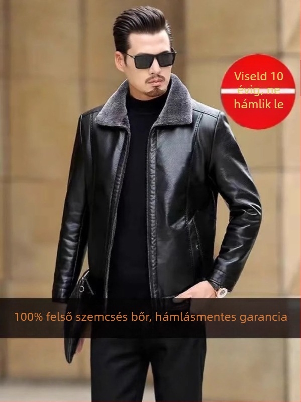 Férfi PU bőrdzseki gyapjú béléssel, téli meleg, vastag, cipzárral és le-forduló gallérral