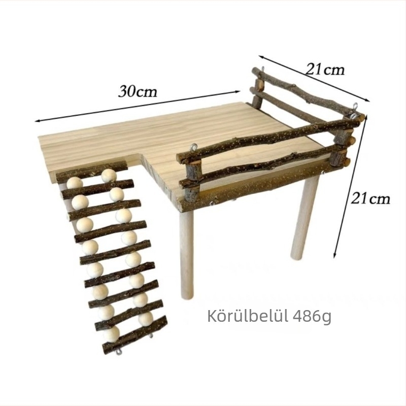 Fából készült hörcsög létra kétszintes platformmal, ágakból készült kerítéssel és mászó- és rágó játékkal.