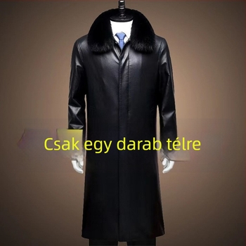 Hosszú PU bőrkabát férfiaknak reveres gallérral és beépített szőrme béléssel, térd fölötti hosszúság