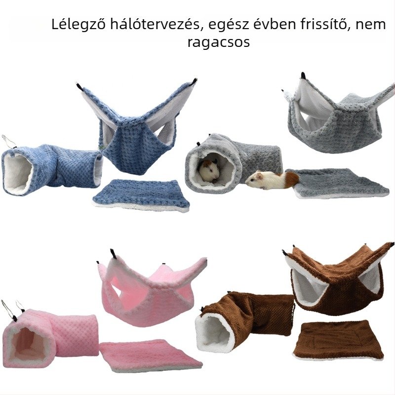 Kisállat meleg odú – 3 részes készlet kettős rétegű hammock, alátét hörcsögnek és rejtett alagút; korall fleece