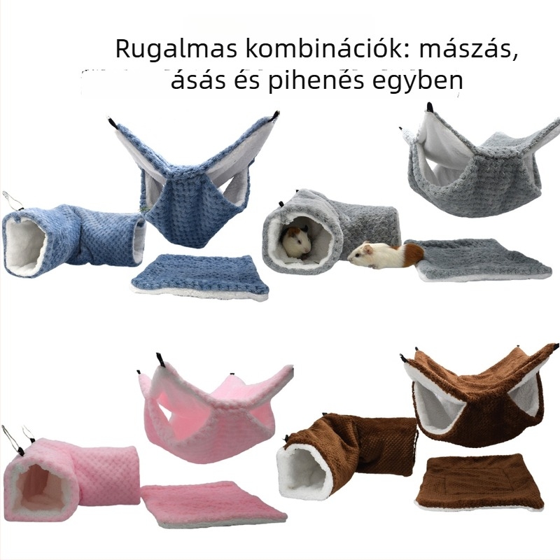 Kisállat meleg odú – 3 részes készlet kettős rétegű hammock, alátét hörcsögnek és rejtett alagút; korall fleece
