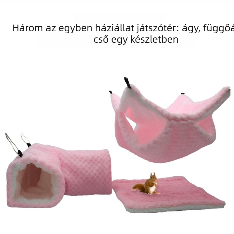Kisállat meleg odú – 3 részes készlet kettős rétegű hammock, alátét hörcsögnek és rejtett alagút; korall fleece