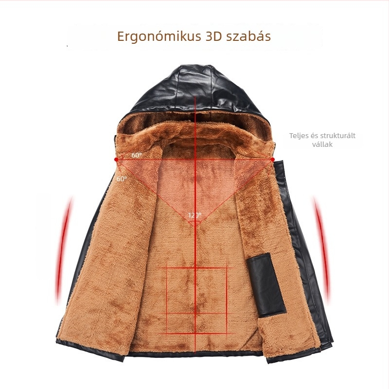 Férfi PU bőrdzseki kapucnival, cipzár, több zseb, téli modell