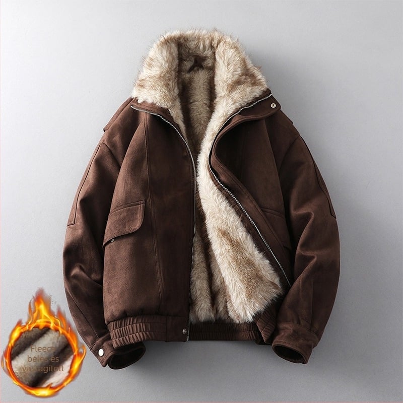 2025-ös modell férfi PU bőrkabát fleece bélésével, laza szabású, polo gallér, zipzár, kapucni nélkül, téli meleg