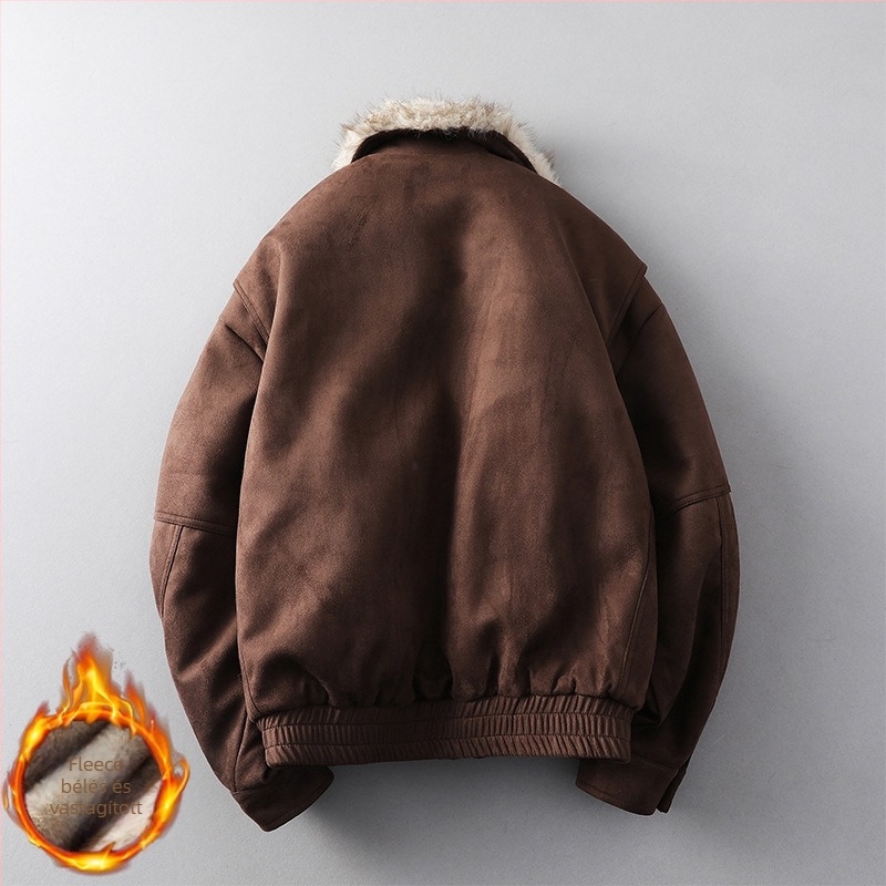 2025-ös modell férfi PU bőrkabát fleece bélésével, laza szabású, polo gallér, zipzár, kapucni nélkül, téli meleg