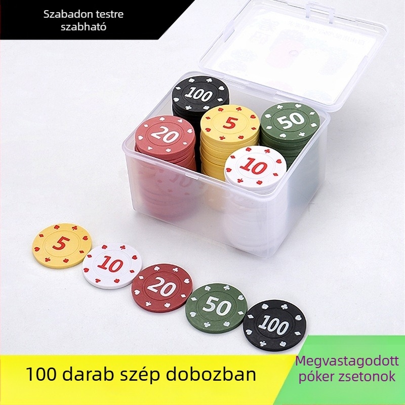 Chipkészlet Mahjong és kártyaszobákhoz – műanyag PP, értékek 1/2/5/10/20/50/100, 100 db/doboz