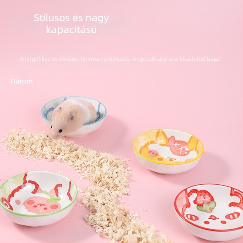 Hamster kerámia etető- és itatótál – rajzolt kézzel, kisállat számára (Anyag: Kerámia; Kategória: Kisállat kellékek; Importált: Nem; Márka: Egyéb)
