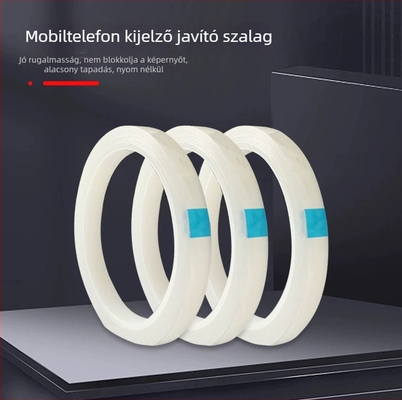 Kijelző rögzítő szalag mobiltelefonokhoz és táblagépekhez – görbület javítás, hátsó burkolat keretének nyitásához és rögzítéséhez (Alapanyag: PET; Vastagság: 0.055 mm; Ragasztó rendszer: akril; Mag: gumi; Viskozitás: magas)