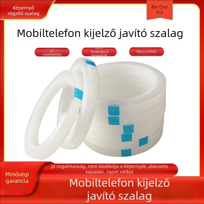Kijelző rögzítő szalag mobiltelefonokhoz és táblagépekhez – görbület javítás, hátsó burkolat keretének nyitásához és rögzítéséhez (Alapanyag: PET; Vastagság: 0.055 mm; Ragasztó rendszer: akril; Mag: gumi; Viskozitás: magas)