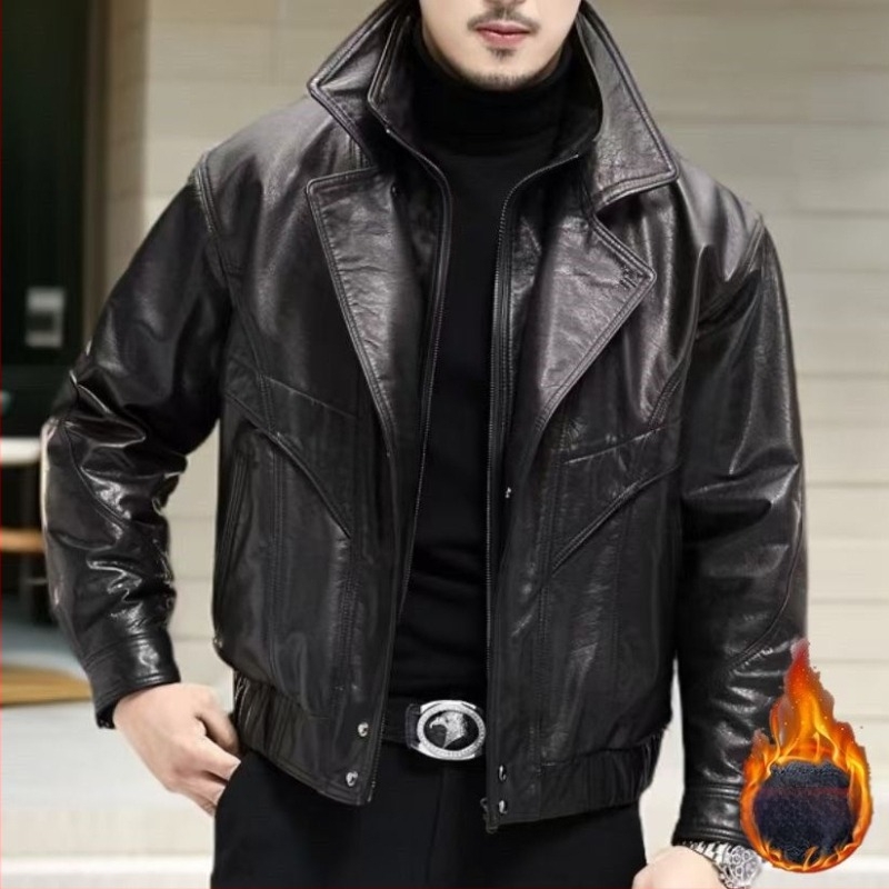 Férfi bőrdzseki fleece béléssel, karcsú szabás, álló gallér, motorkerékpár-stílus, koreai hatású, mindennapi bőrdzseki