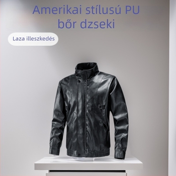 Férfi PU bőrdzseki amerikai stílusban, állógalléros, motorkerékpár-dzseki jellegű, sokoldalú külső ruházat tavaszra és őszre
