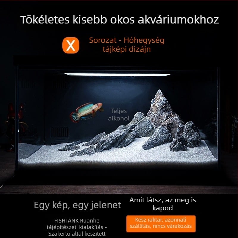 Asztali akvárium tájépítéssel — havas hegyi táj, integrált patak, természetes anyagok