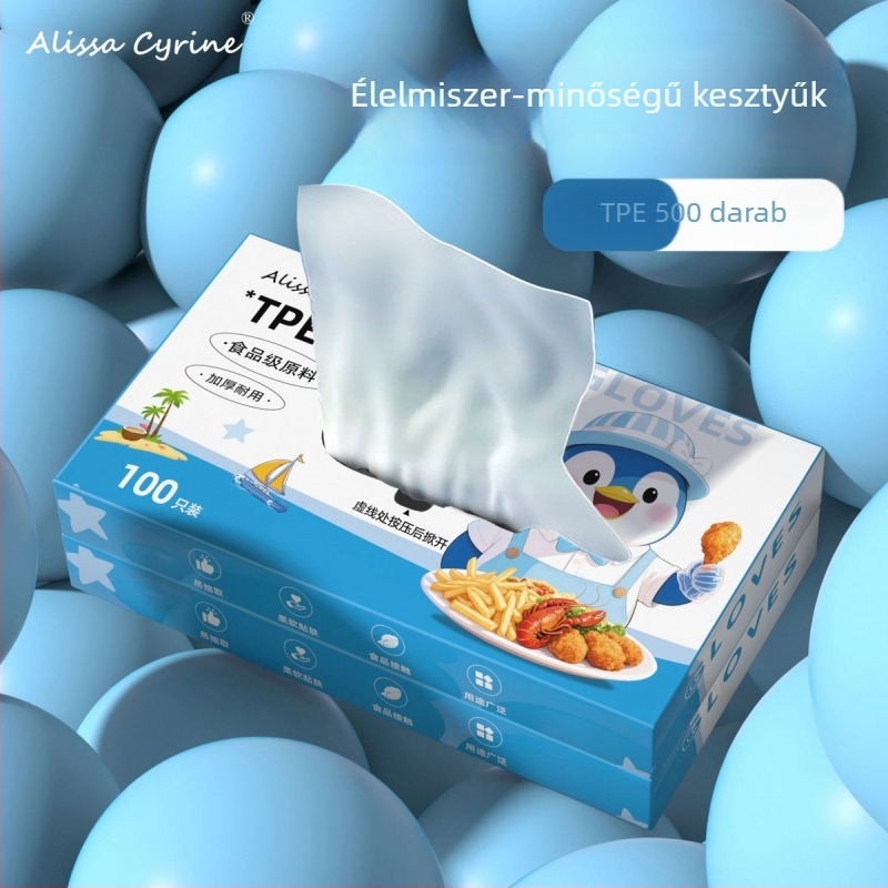 Egyszer használatos műanyag kesztyűk, átlátszóak, 0,05–0,1 mm vastagságú, élelmiszer-minőségű, olajálló