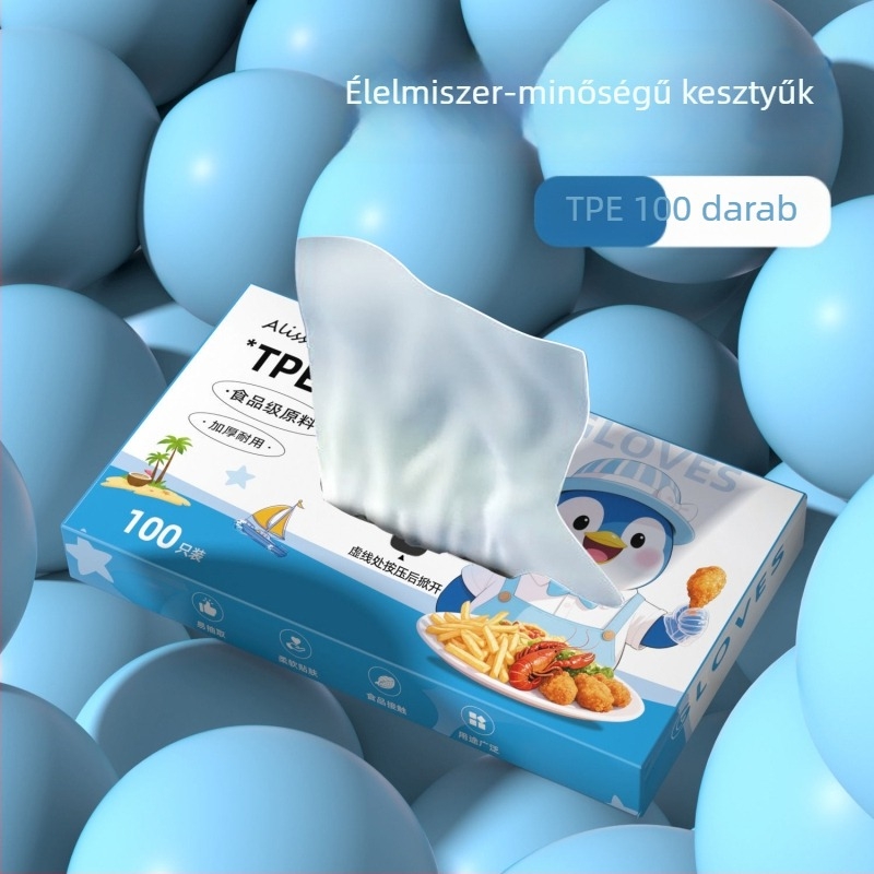 Egyszer használatos műanyag kesztyűk, átlátszóak, 0,05–0,1 mm vastagságú, élelmiszer-minőségű, olajálló