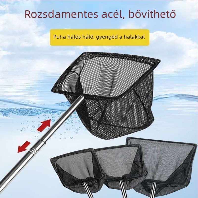 Aranyhalakhoz való akvarisztikai tisztító háló — négyszögletes keret, teleszkópos, kézi használatú, finom háló