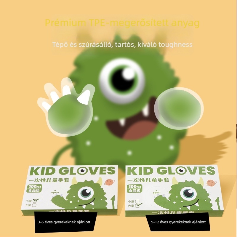 Gyermekeknek szánt egyszer használatos kesztyűk, élelmiszer-minőségű TPE, vastagított, csúszásmentes, átlátszó, rajzfilm dizájn