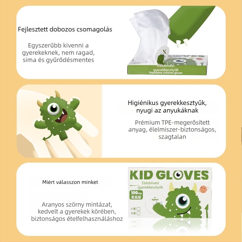 Gyermekeknek szánt egyszer használatos kesztyűk, élelmiszer-minőségű TPE, vastagított, csúszásmentes, átlátszó, rajzfilm dizájn