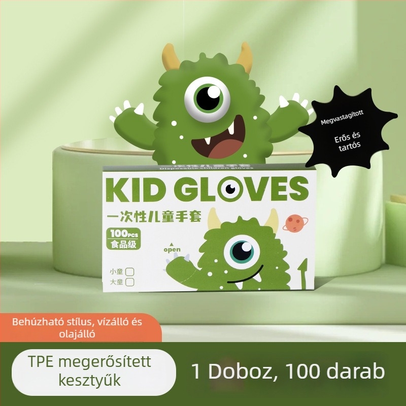 Gyermekeknek szánt egyszer használatos kesztyűk, élelmiszer-minőségű TPE, vastagított, csúszásmentes, átlátszó, rajzfilm dizájn