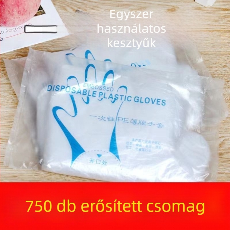Egyszer használatos, élelmiszer-minőségű kesztyűk — vastagított átlátszó műanyag, csúszásgátló, logó nyomás lehetséges (vastagított, átlátszó, csúszásgátló, logó nyomás lehetséges)