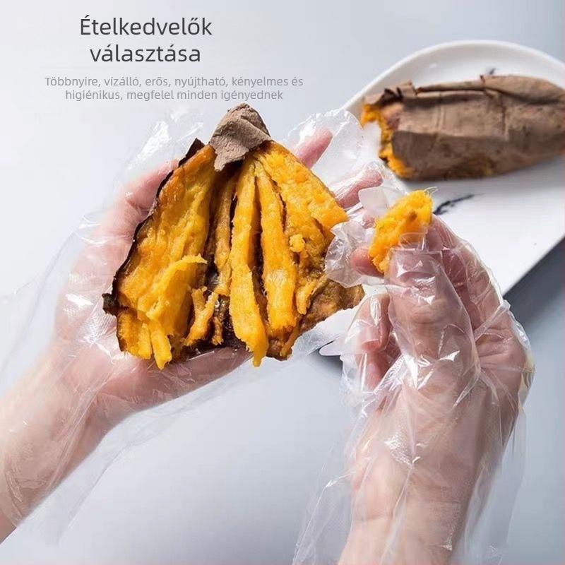Egyszer használatos, élelmiszer-minőségű kesztyűk — vastagított átlátszó műanyag, csúszásgátló, logó nyomás lehetséges (vastagított, átlátszó, csúszásgátló, logó nyomás lehetséges)