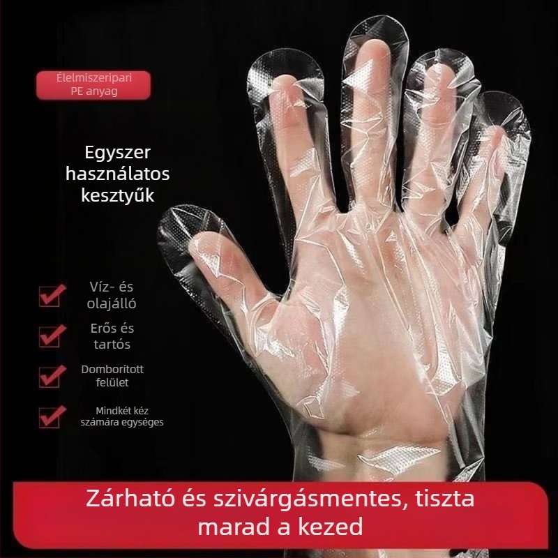 Egyszer használatos, élelmiszer-minőségű kesztyűk — vastagított átlátszó műanyag, csúszásgátló, logó nyomás lehetséges (vastagított, átlátszó, csúszásgátló, logó nyomás lehetséges)