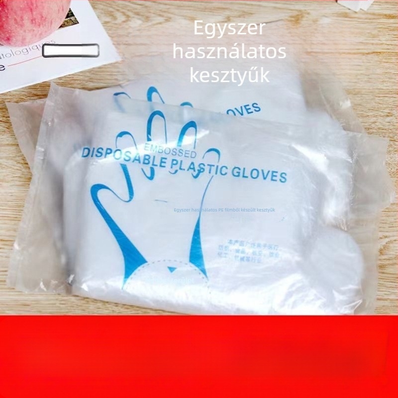 Egyszer használatos, élelmiszer-minőségű kesztyűk — vastagított átlátszó műanyag, csúszásgátló, logó nyomás lehetséges (vastagított, átlátszó, csúszásgátló, logó nyomás lehetséges)