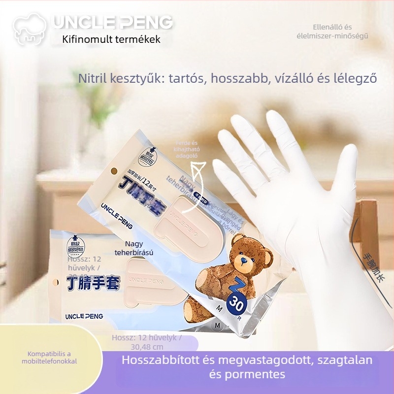 Nitril egyszer használatos kesztyűk – vastagított, vízálló és olajálló, mosogatáshoz és konyhai takarításhoz (kihúzható típus)