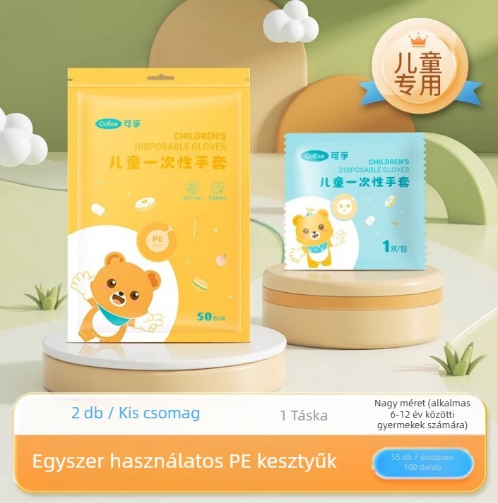 Gyerekeknek szóló egyszer használatos kesztyűk, élelmiszer-minőségű, vastagított polietilenből, egyedi csomagolásban, alkalmas cateringhez és utazáshoz