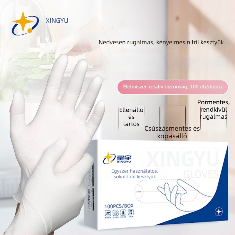 Egyszer használatos nitril kesztyűk, olajálló és vízálló, ideális a konyhai tisztításhoz (Márka: Xingyu, Tömeg: 4.5, Használat: Univerzális, Típus: Egyszer használatos)