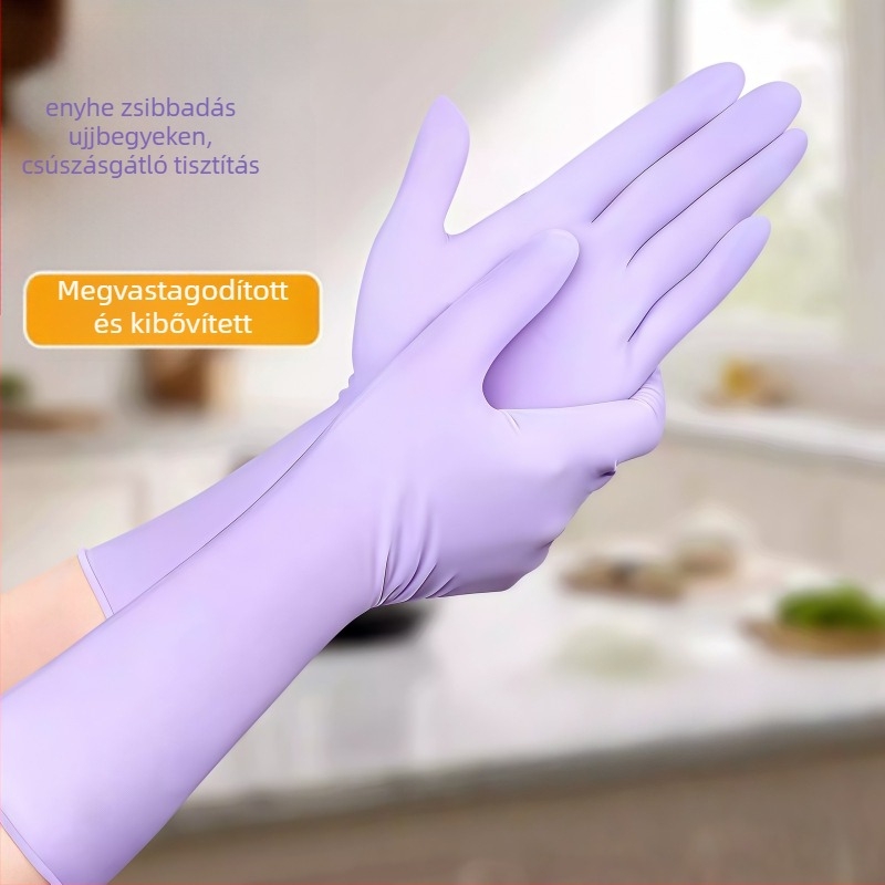 Egyszer használatos nitril edénymosó kesztyűk, hosszított kivitelben, vízálló és olajálló, közepes vastagságú