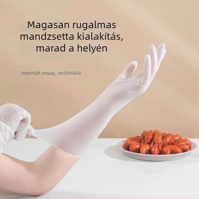 Egyszer használatos nitril edénymosó kesztyűk, hosszított kivitelben, vízálló és olajálló, közepes vastagságú