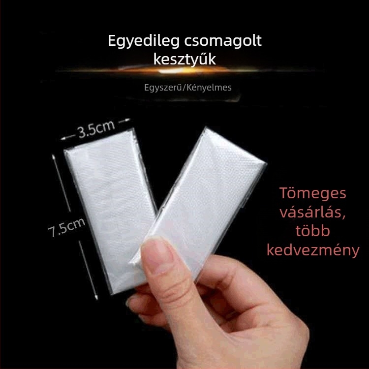 Élelmiszer-minőségű egyszer használatos kesztyűk, egyedi csomagolásban, 2 darab, átlátszó, vastított PE, konyhai használatra.