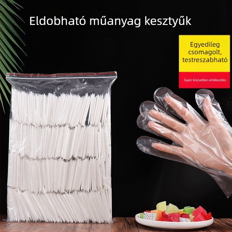 Élelmiszer-minőségű egyszer használatos kesztyűk, egyedi csomagolásban, 2 darab, átlátszó, vastított PE, konyhai használatra.