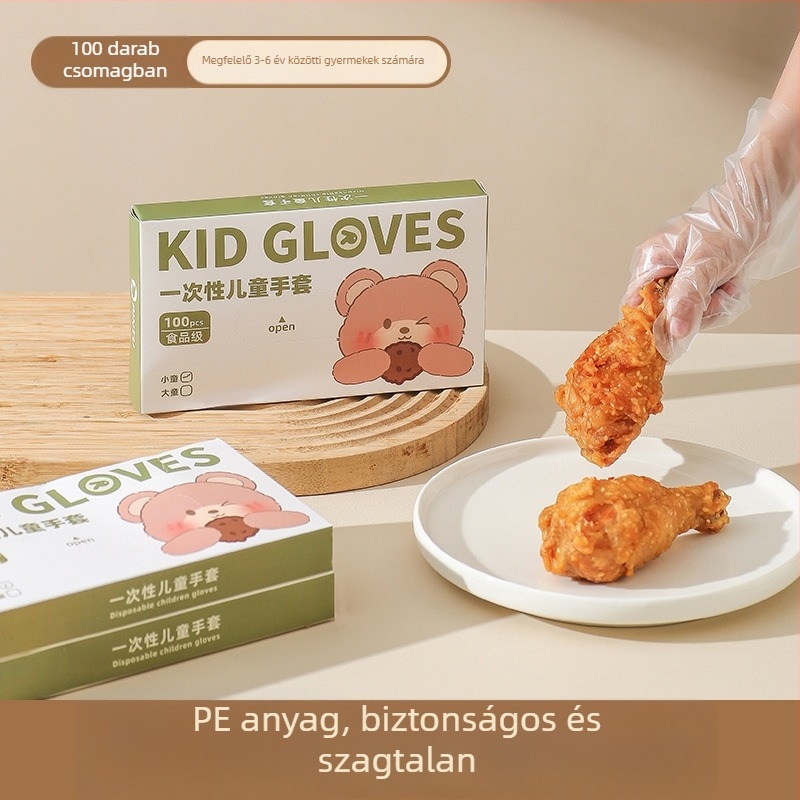 Egyszer használatos gyermek PE kesztyűk, élelmiszerbiztonság, átlátszó, 0,1 mm, dobozos kivitel, kihúzható dizájn