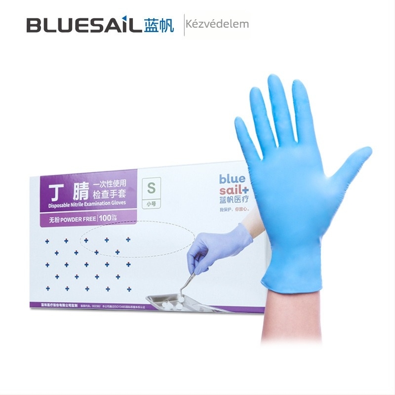 Blue Sail egyszer használatos nitril kesztyűk – orvosi minőségű védelem otthoni ellenőrzésekhez és tisztításhoz (anyag: nitril; osztály: orvosi)